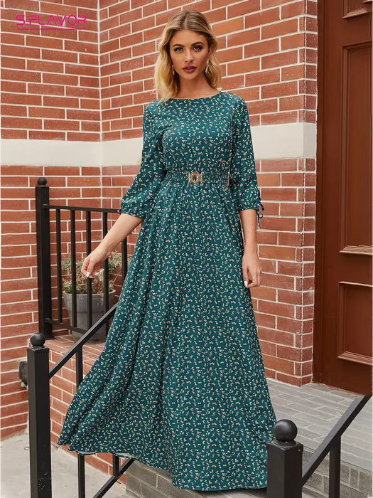 Basic Casual Jurken S.FLAVOUR Vrouwen Bloemen Gedrukt Casual Lange Jurken Elegant O-hals 34 Mouwen Boho Maxi Vestidos 230920