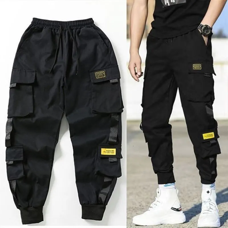 Calças de brim masculinas bloco preto bolso calças de carga harem corredores harajuku sweatpant hip hop calças táticas 230921