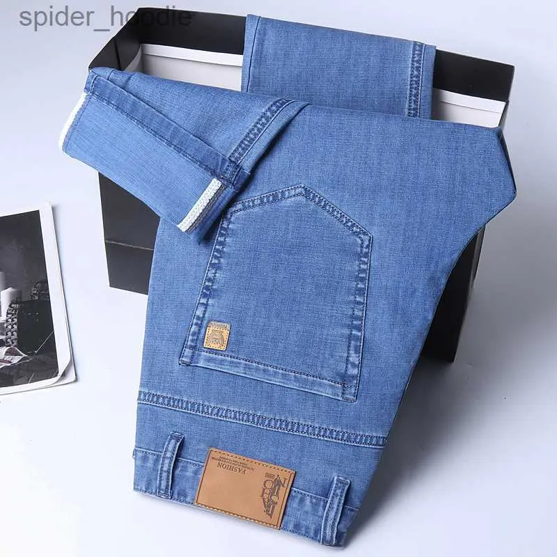 Men's Jeans 2023 Spring/summer Lightweight Fit Straight Men's Jeans Classic Business Clothes Thin Cotton Elastic High Waist Casual Trousers L230921
