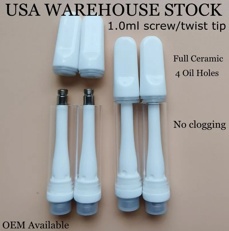 USA Stock Cartouche entièrement en céramique de 1,0 ml, filetage 510, pointe de vis, chariots à huile épais, stylo vide, plateau en mousse, emballage, livraison locale en 2 à 5 jours V22, 400 pièces/caisse