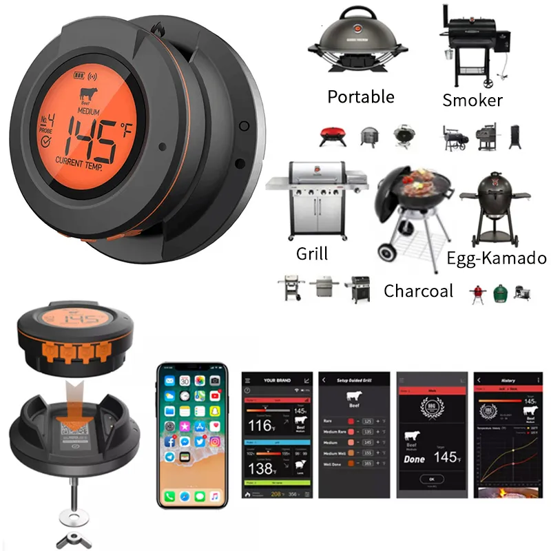 Hushållens termometrar Wireless Digital Bluetooth Smart BBQoven Grill Meat Thermometer 2 i 1 för matrökare BBQ Kol och ugn 230920