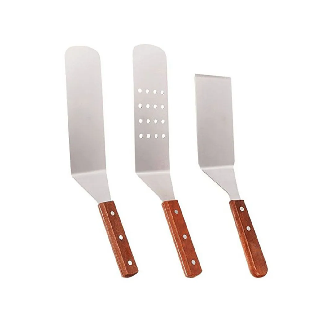 BBQ Tools Accessories 3 Pieces Spatula Set Stainless Steel Pancake Turner Wooden Handle Cooking Scraper for Grill 230920