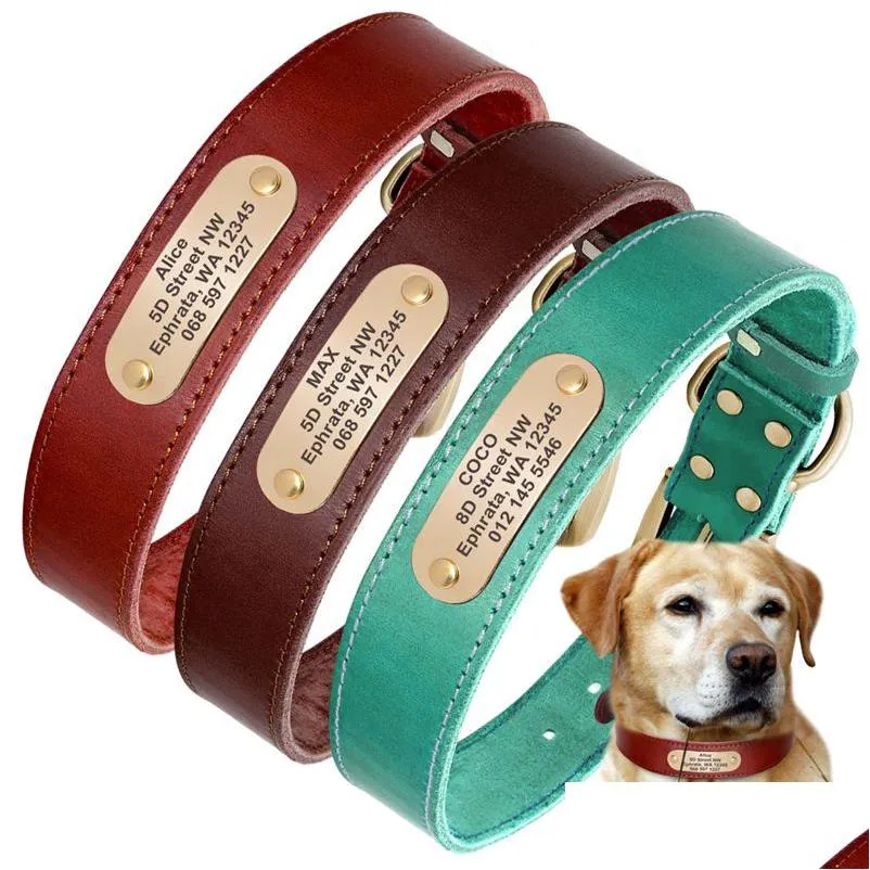 Halsbanden Echte lederen halsband Gepersonaliseerde huisdier-ID Aangepaste gegraveerde tag voor kleine grote honden Pitbl Duitse herder 2022011 Dhd7R