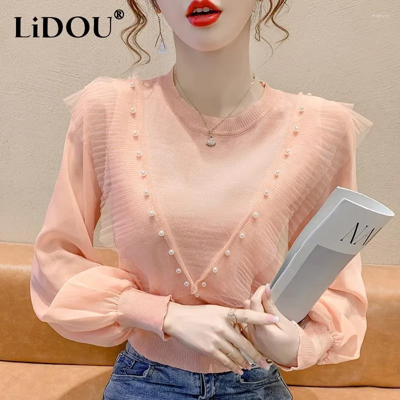 Women's Sweaters 2023 Autumn Winter Solid Color Round Neck Long Sleeve Knitting Pullovers Women Embroidered Flares Ruffles Lace All-match