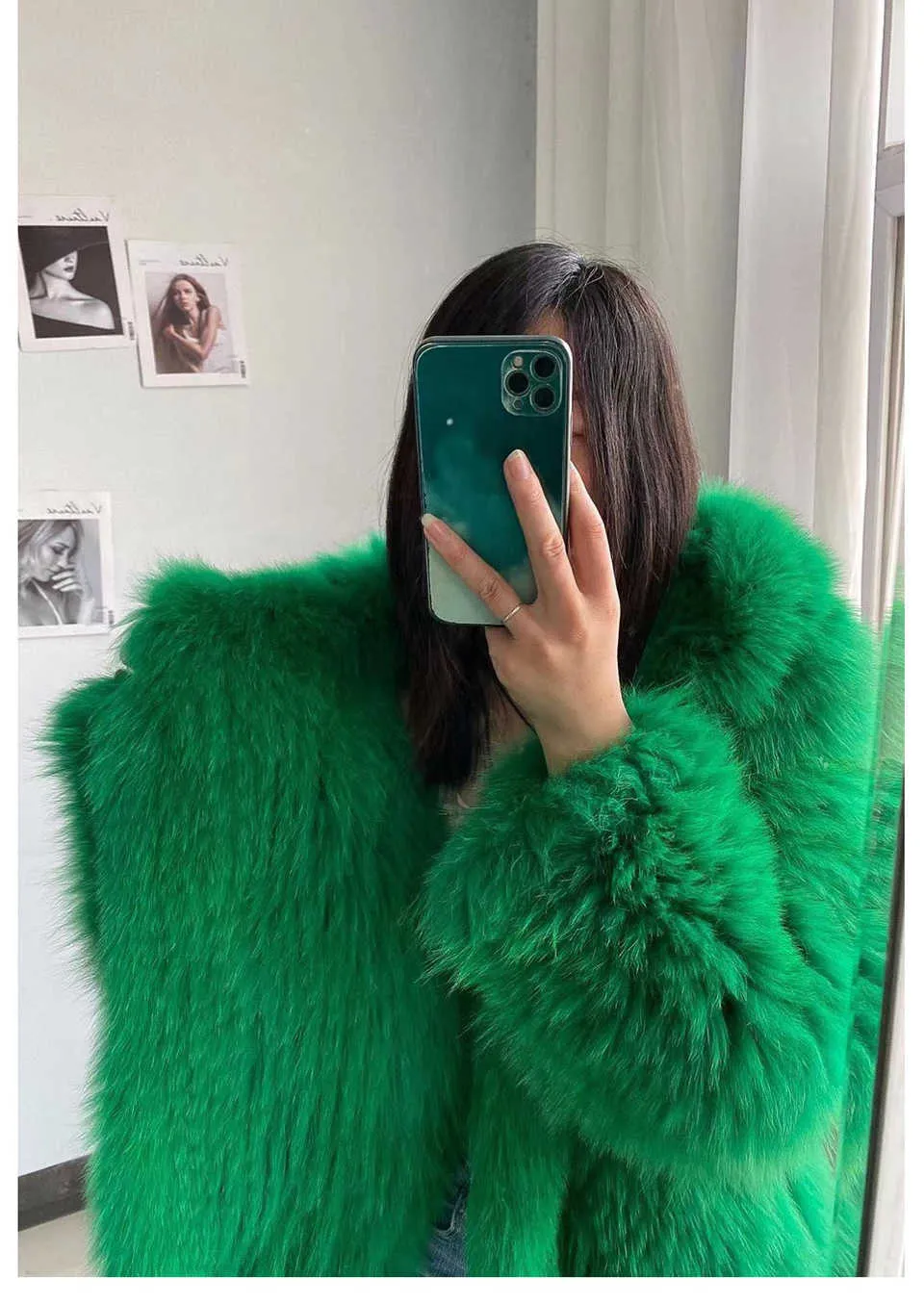Bright green fur coat best sale