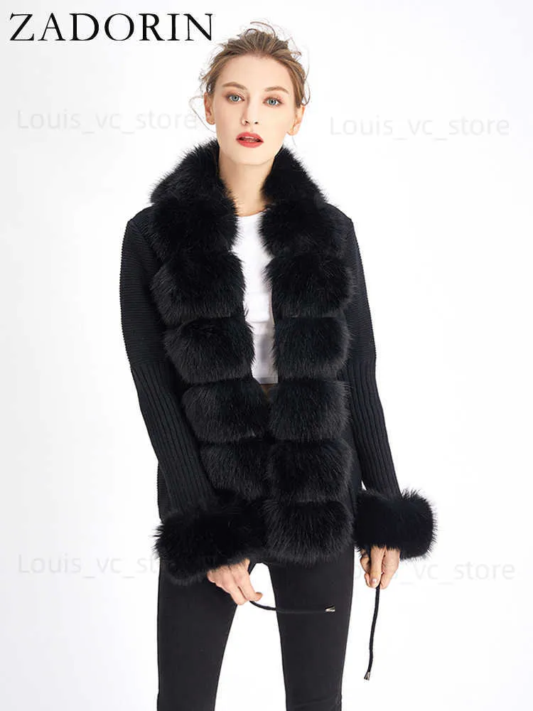 Women's Fur Faux Fur ZADORIN Luxury Fur Cardigan Knit Winter Sweater Women Elegant Detachable Fur Belt White Pink Black Womens Cardigan Korea Style T230921