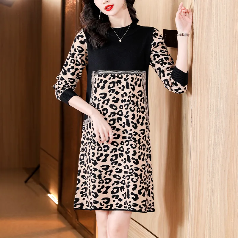 2023 Designer Leopard Pullover Kleid Herbst Winter Büro Dame Elegante Strickpullover Kleid Langarm Frauen Urlaub Reise O-Ausschnitt Slim A-Linie Party Midi Kleider