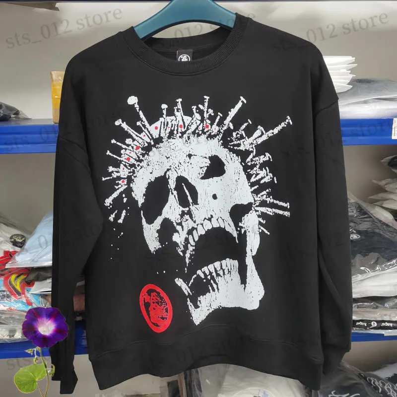 Herrtröjor tröjor 23ss mode nya helveteshuvtröjor abstrakt skalle tryck crewneck huvtröjor klassiska svart lösa hellstar tröjor t230921