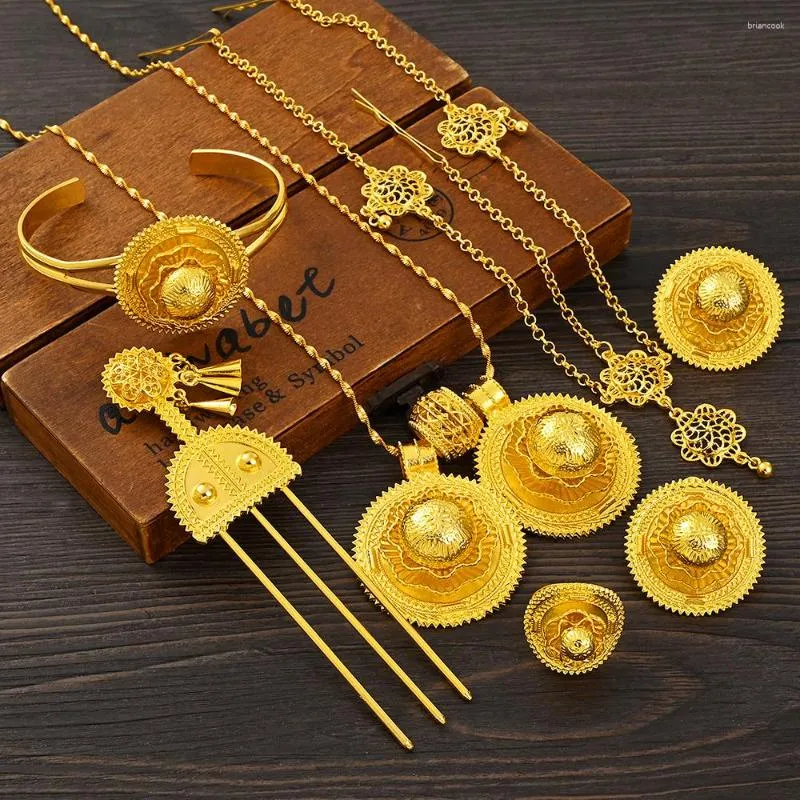Ensemble de boucles d'oreilles et collier de luxe plaqué or pour femmes, pendentif éthiopien, épingle à cheveux, bracelet, bague, cadeau de mariage