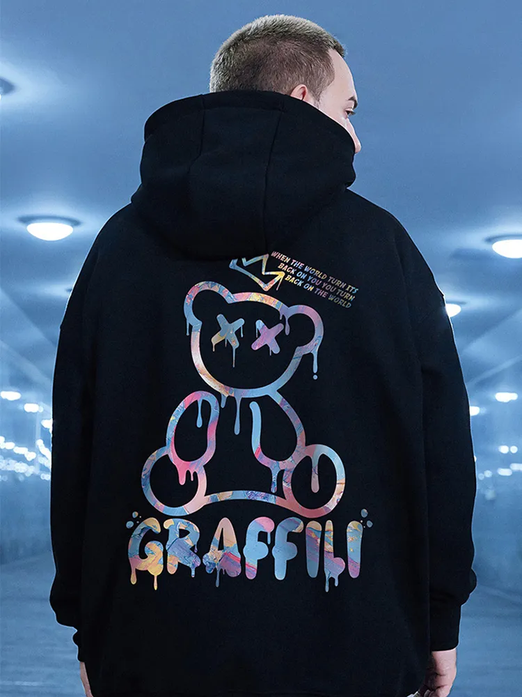 High Street Graffiti Bear Print Mens Fleece Rainbow Hoodie Retro