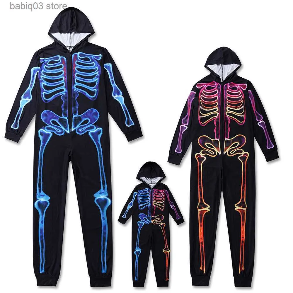 Family Matching Outfits Halloween Party Costumes Family Matching Clothing Set Skull Print Zipper Hooded Jumpsuit Overall Casual Soft Pajamas Family Look T230921