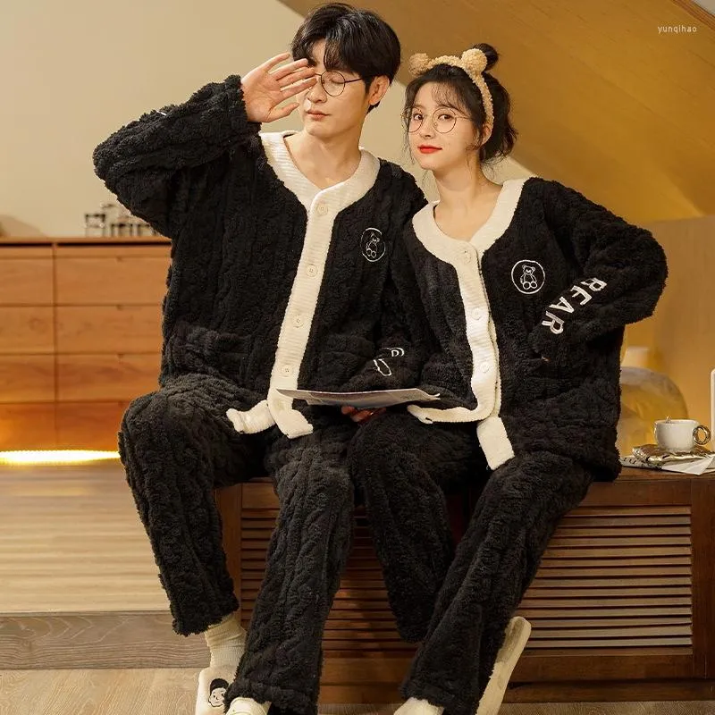 Mäns Sleepwear Coral Fleece Pyjamas Par Winter Men and Women Matching Thicked Suit Kimono Flannel Roupa de Dormir