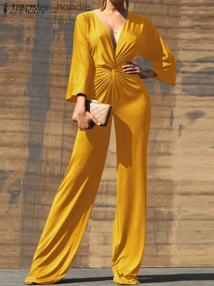 Women's Jumpsuits Rompers ZANZEA Women Slim Long Romper Deep V-neck Classy Streetwear Wide Leg Pant Satin Jumpsuits Fashion Knot Front 3/4 Sleeve Overalls L230921