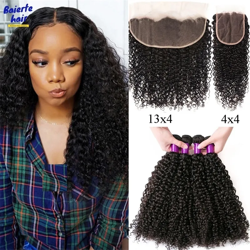 Hair Bulks Brazillian Kinky Curly 3 4 Bundles With Frontal Closure 8 40 Double Machine Wefts with 13x4 Ear To Lace Front 230920