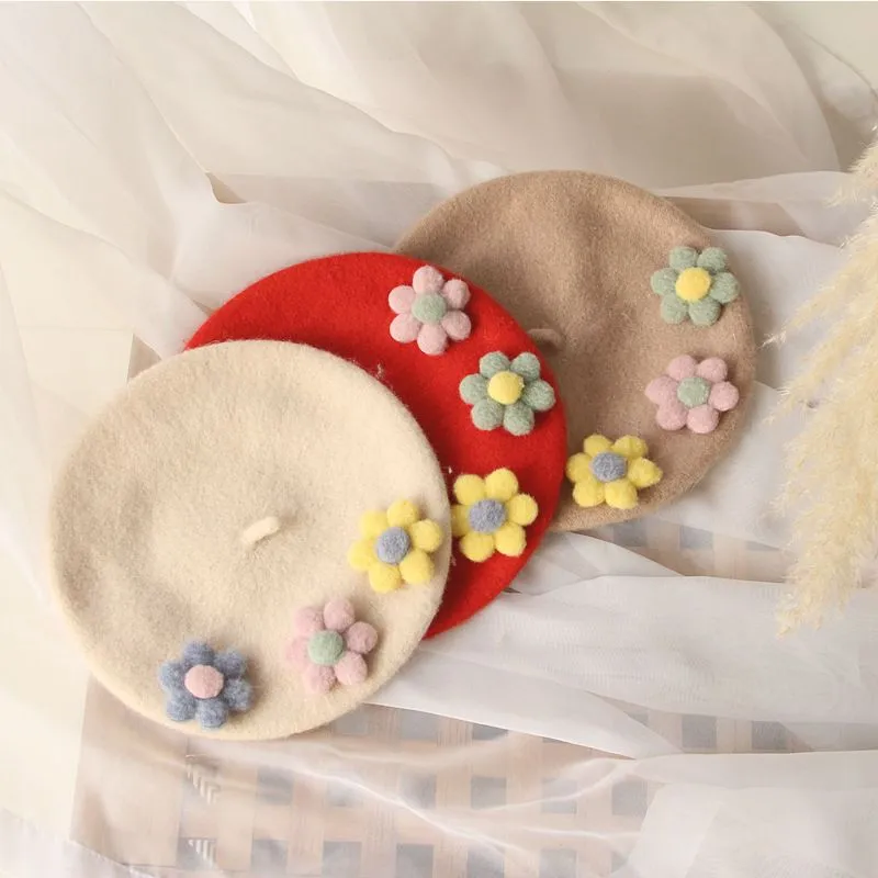 Boinas de feltro de lã feitas à mão com flores frescas e fofas, presente colorido, gorro feminino