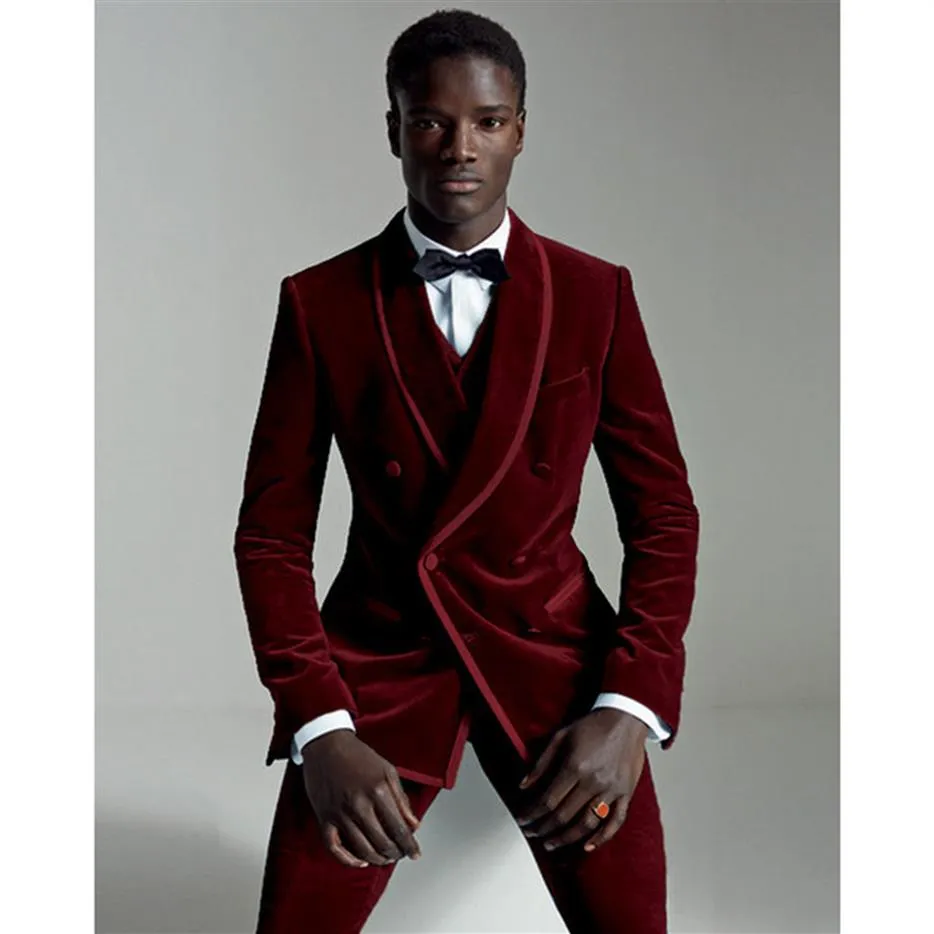 High Quality Double Breasted Dark Red Velvet Wedding Groom Tuxedos Shawl Lapel Groomsmen Men Suits Prom Blazer Jacket Pants Vest 291H