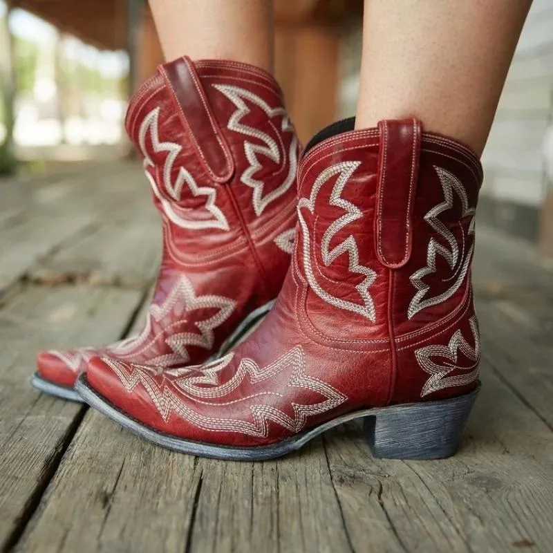 Embroidered Cowgirl Ankle Boots Retro Western Fashion Booties