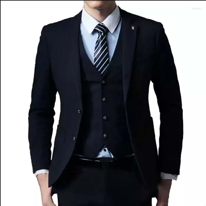 Men's Suits Customized Design Suit Navy Blue 3 Pieces Slim Fit Male Blazer Set Business Casual Man