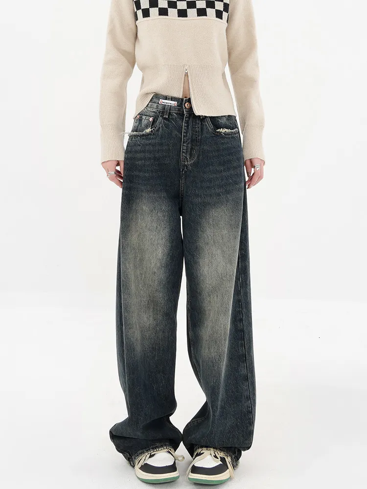 Womens Jeans American High Street Deep Blue Wide Leg Summer Slim Loose Straight Pants Waist befree plus size 230921