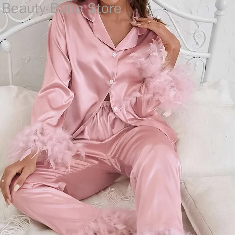 Womens sleepwear mulheres sexy cor sólida pena decoração cetim manga longa blusa e calças de cintura alta 2pcs conjunto 230921
