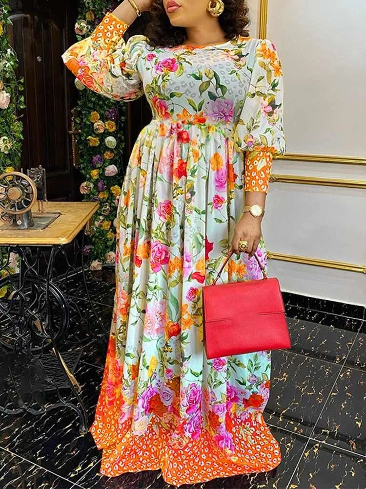knee length dresses for ladies New Ladies Vintage Maxi Floral Print Summer Dress Women Slim Casual Hi –  Global Fashions GC main image 1
