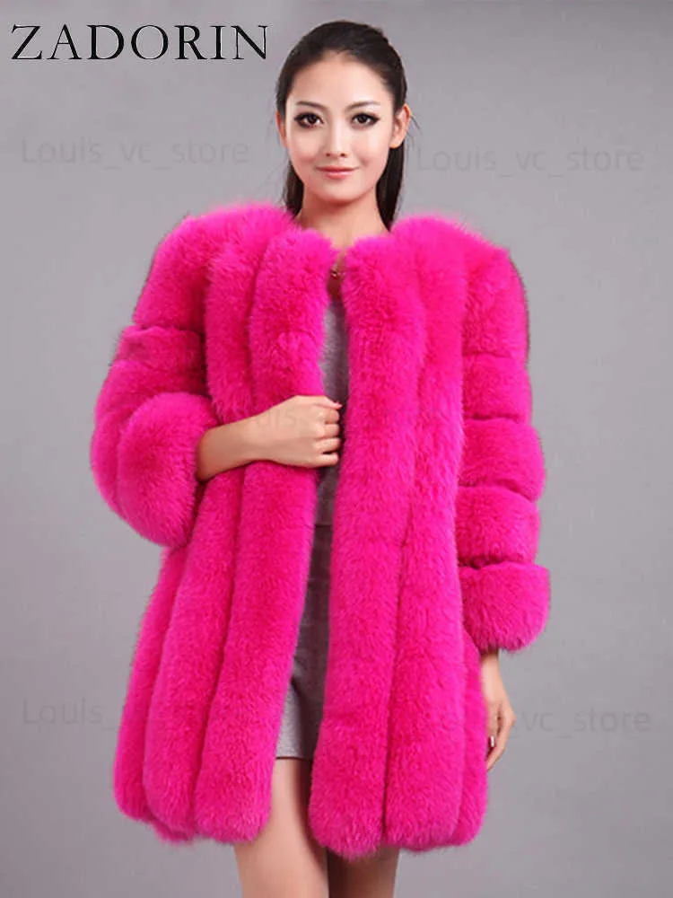 女性の毛皮のフェイクファーザドリンS-4xl冬の贅沢フェーコートスリム長いピンクのフェイクファージャケット女性偽毛皮コートマントーフォーレーアT230921