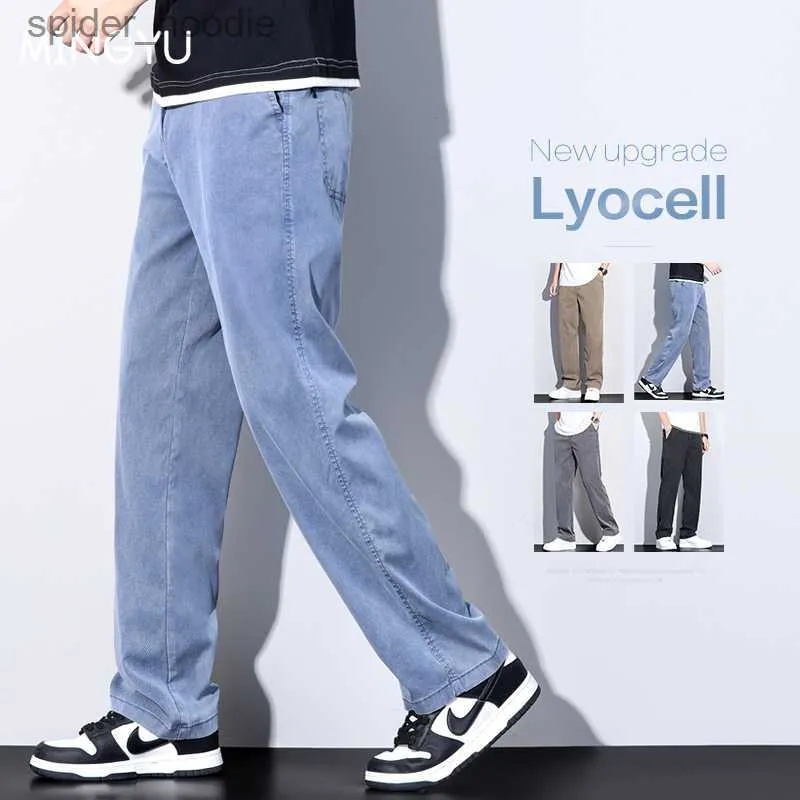 Men's Jeans Mingyu marque vêtements nouveau doux Lyocell tissu jean hommes bleu taille élastique lâche droit Denim pantalon mâle grande taille M-5XL L230921