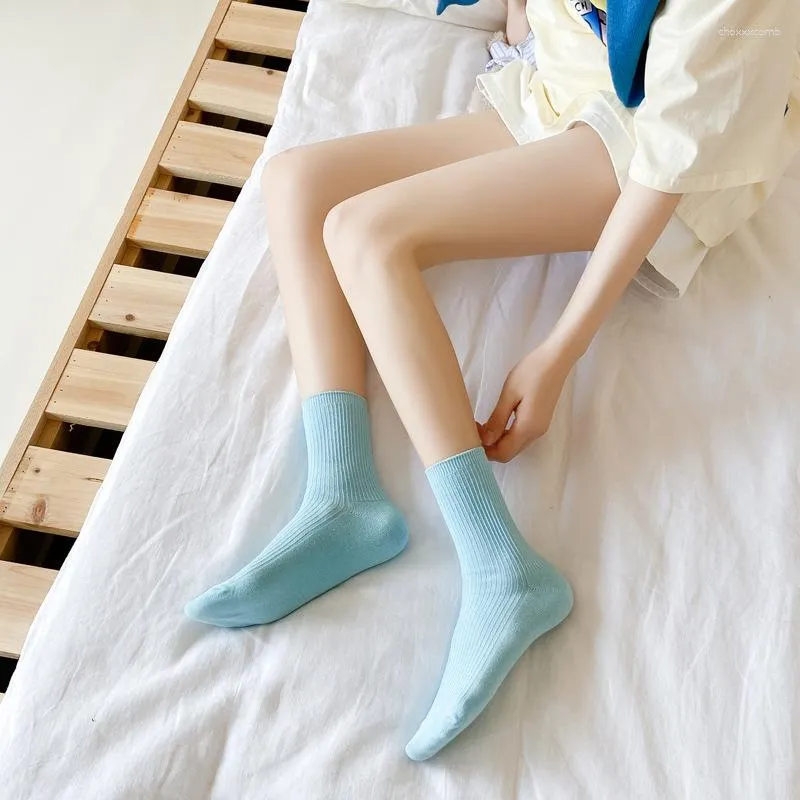 Chaussettes japonaises à fines rayures verticales pour femmes, bas en coton bleu Style collège Ins Tide, printemps et été