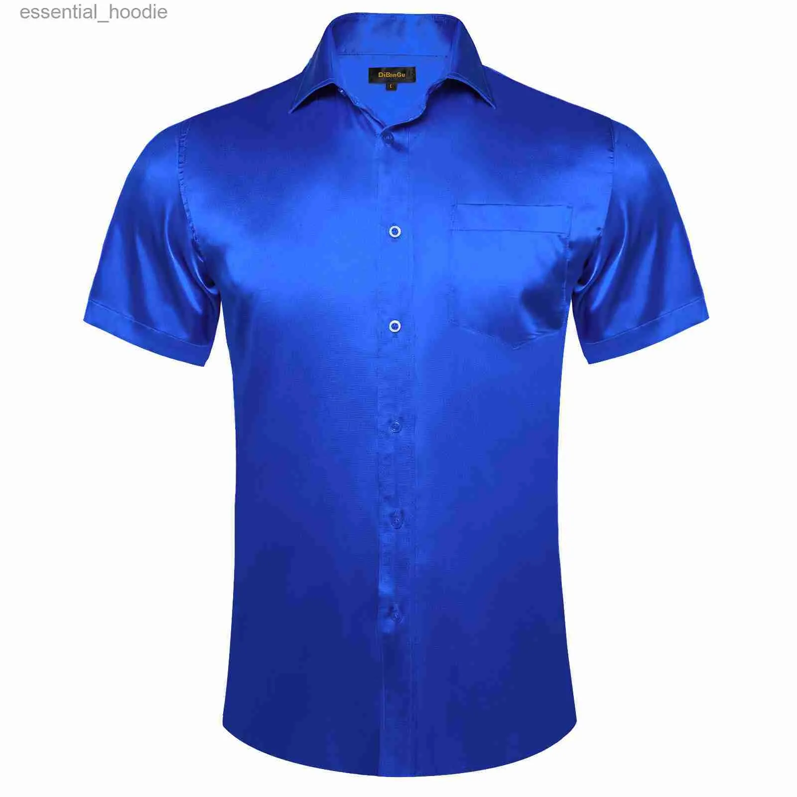 Camisas de vestido masculino estiramento cetim azul mens manga curta camisas sólido vermelho amarelo verde turn-down colarinho casual negócios social camisetas roupas masculinas l230921