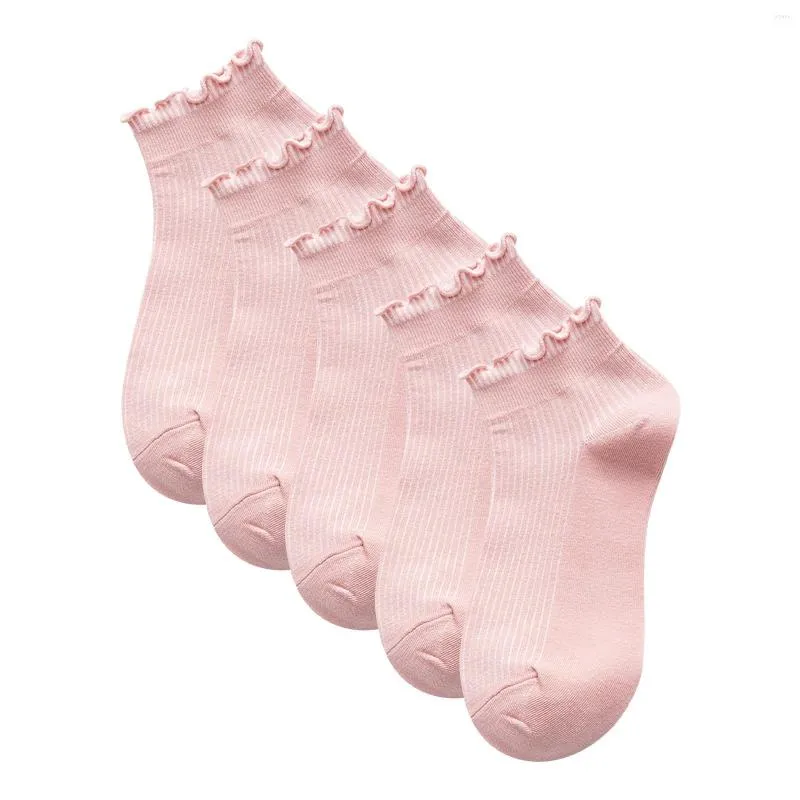 Chaussettes en dentelle à volants pour femmes, 5 paires, mignonnes, en Polyester et coton, amples, tricot, couleur unie, longues, respirantes, Tube moyen, automne et hiver