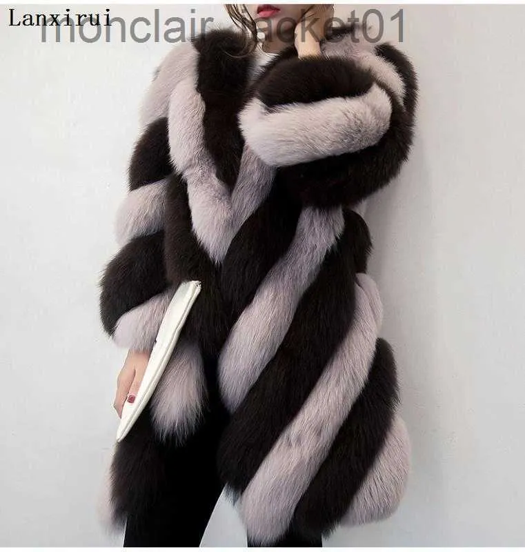 Women's Fur Faux Fur Lanxirui long winter faux fur coat with hood long sleeve zipper black furry fake rabbit fur outwear shealing jacket J230921