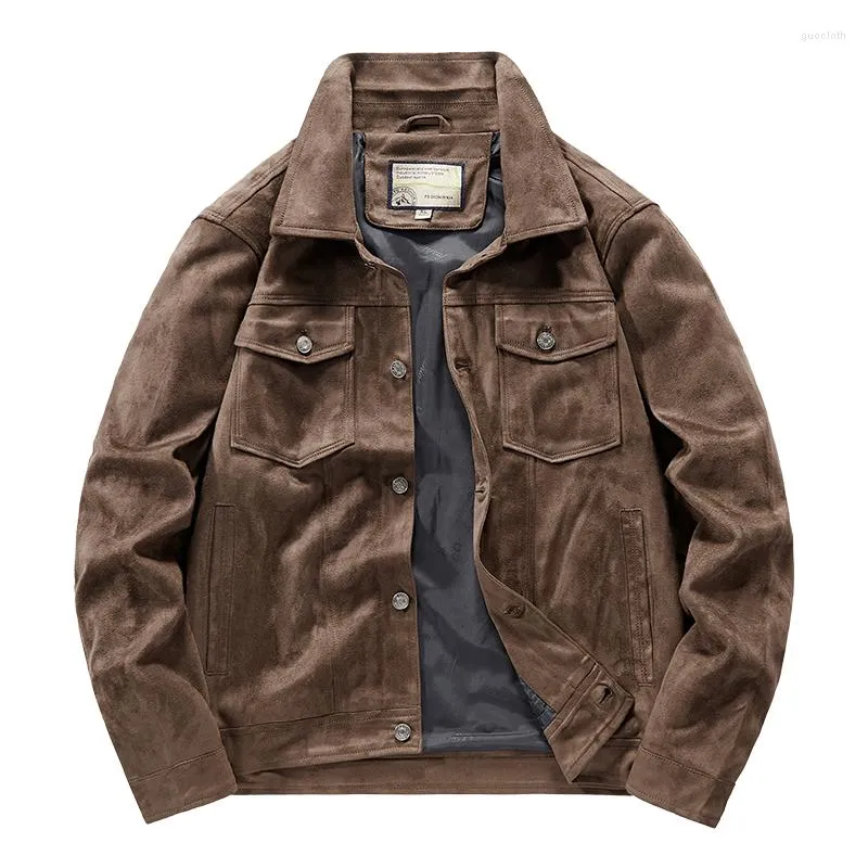 Men's Jackets 2023 Men Vintage Brown Pilot Suede Jacket Spring Autumn Cargo Lightweight Turn Down Collar Casual