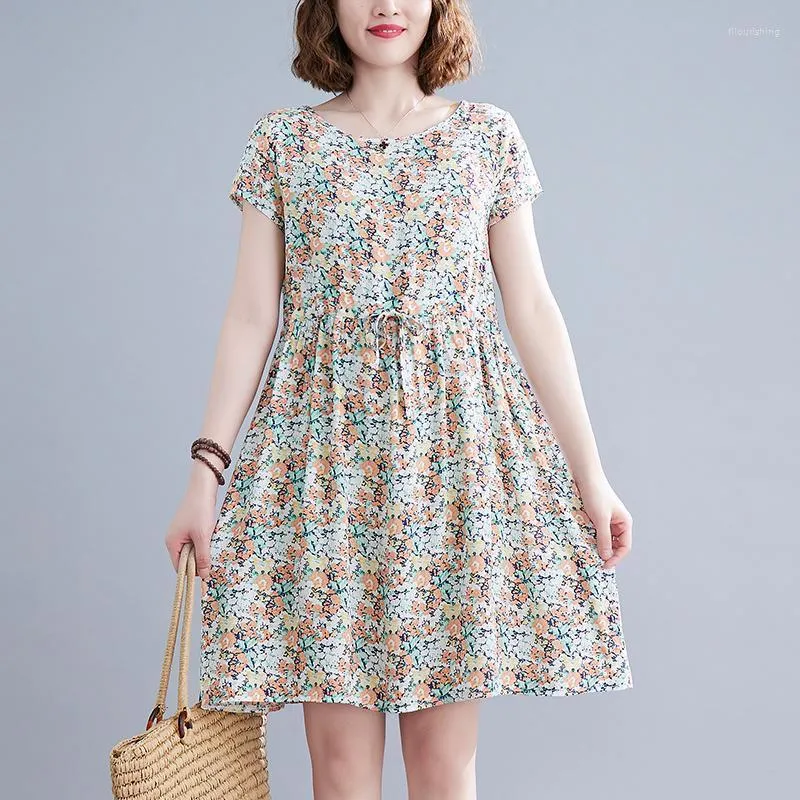 Casual Dresses 2023 Summer Women's Floral Short Sleeve Dress Kvinnlig Loose Cotton Silk Ladies O-Neck A-Line Vestidos D49