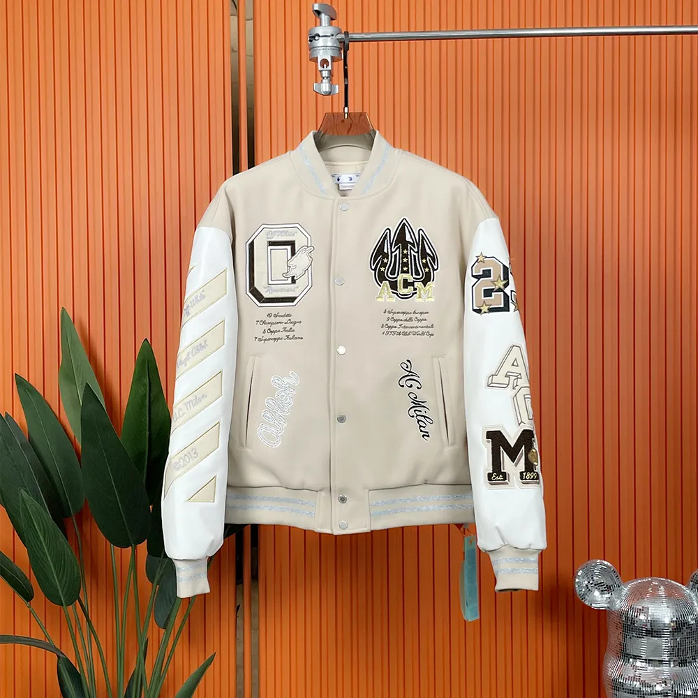 MARNE MĘŻCZYZNIE JACKI Luksusowe projektant OW ac lom baseball kurtki Offwhite Jacket Varsity odzież haftowa 23 Sportswear Loose Hip Hop Milan White Coat Kgmw