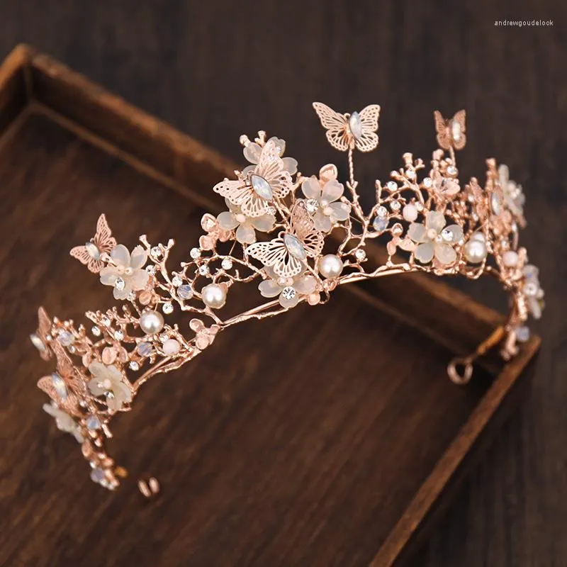 Pinces à cheveux couleur or Rose papillon couronne baroque bandeau fleur diadème de mariage cristal diadème de mariée pour femmes bijoux