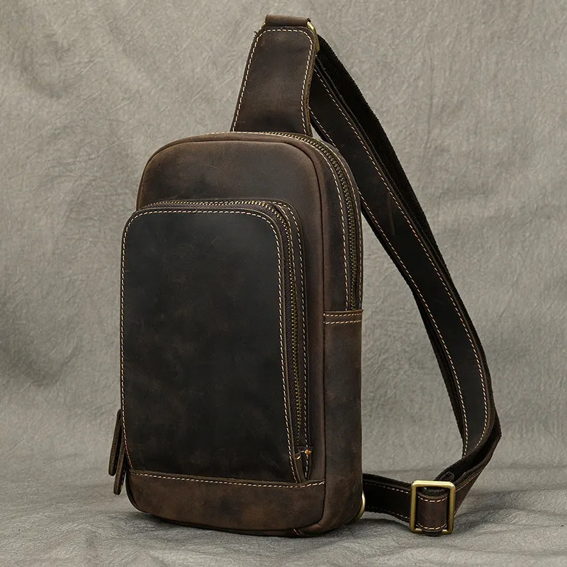 Outdoor Bags Casual Men's Leather Chest Bags Outdoor Leather Sling Bag Single Shoulder Crossbody Bag For Mini Ipad Phone Chest Pack Bag Male 230921