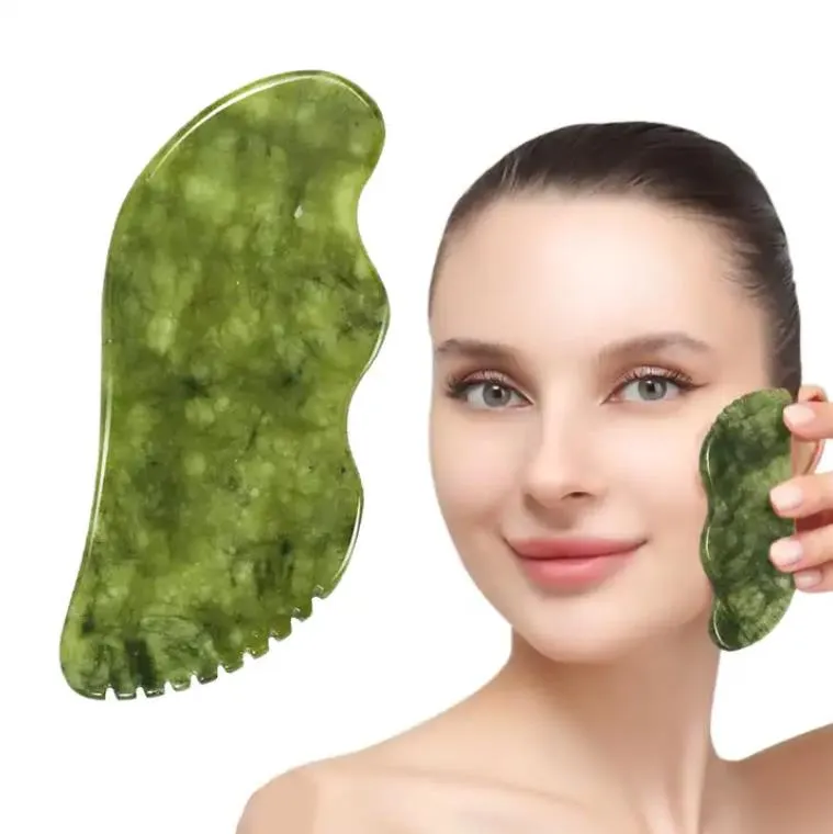 أداة الوجه Gua Sha Draging Tool Sawtooth Natural Jade Stone Guasha Board Massager لمكافحة التخسيس الوجه والرقبة إزالة التجاعيد انتفاخ العين