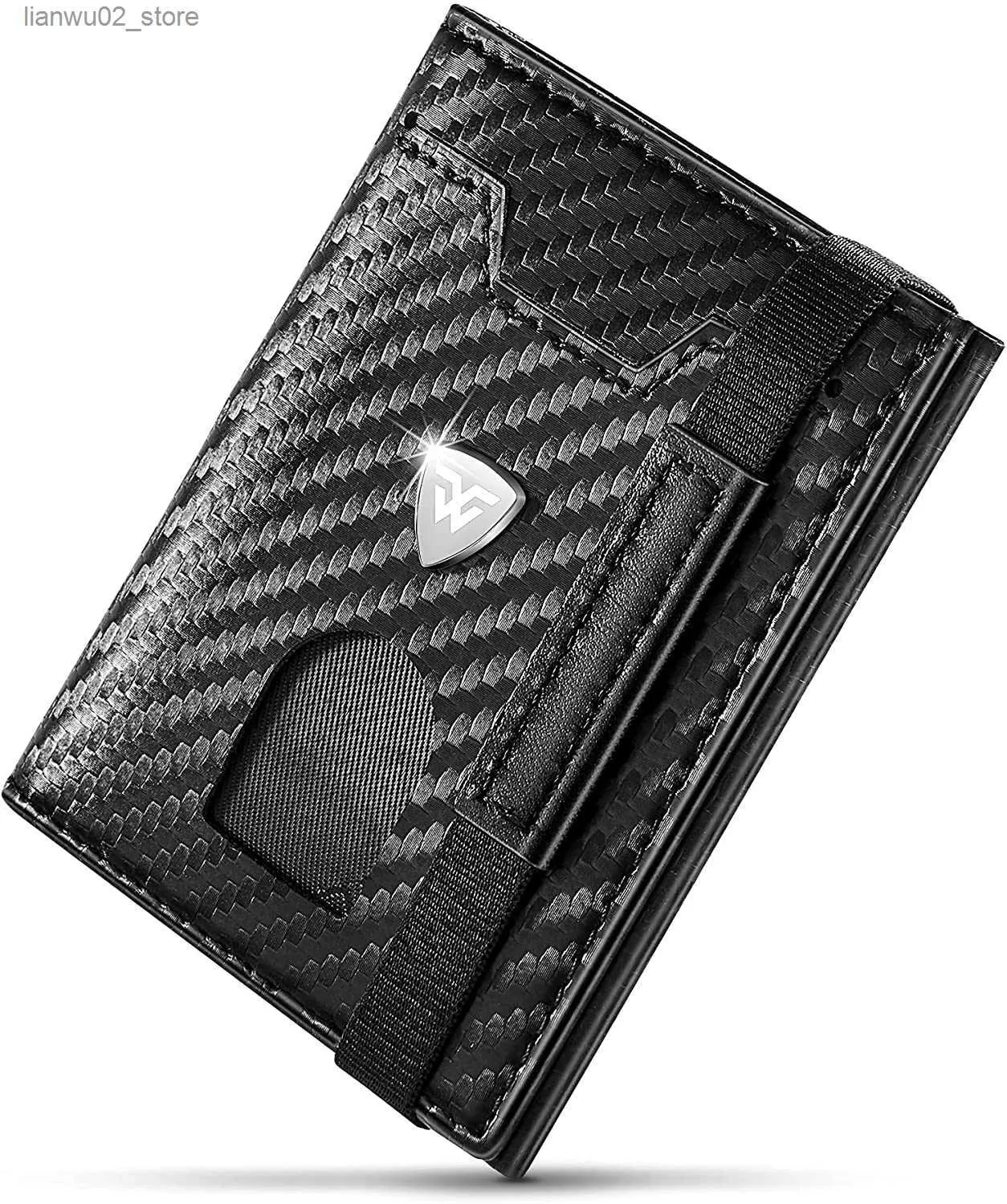 Pinces à billets Mini petit porte-carte portefeuilles hommes mince en cuir de carbone sac à main RFID étui à cartes Zip compartiment à monnaie noir Q230921