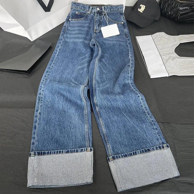 Kvinnors jeans 2023 Summer Wide Leg Women Flanging Rhinestone High midja bantning Löst rak bomull alla matchar lyxiga blå byxor 23