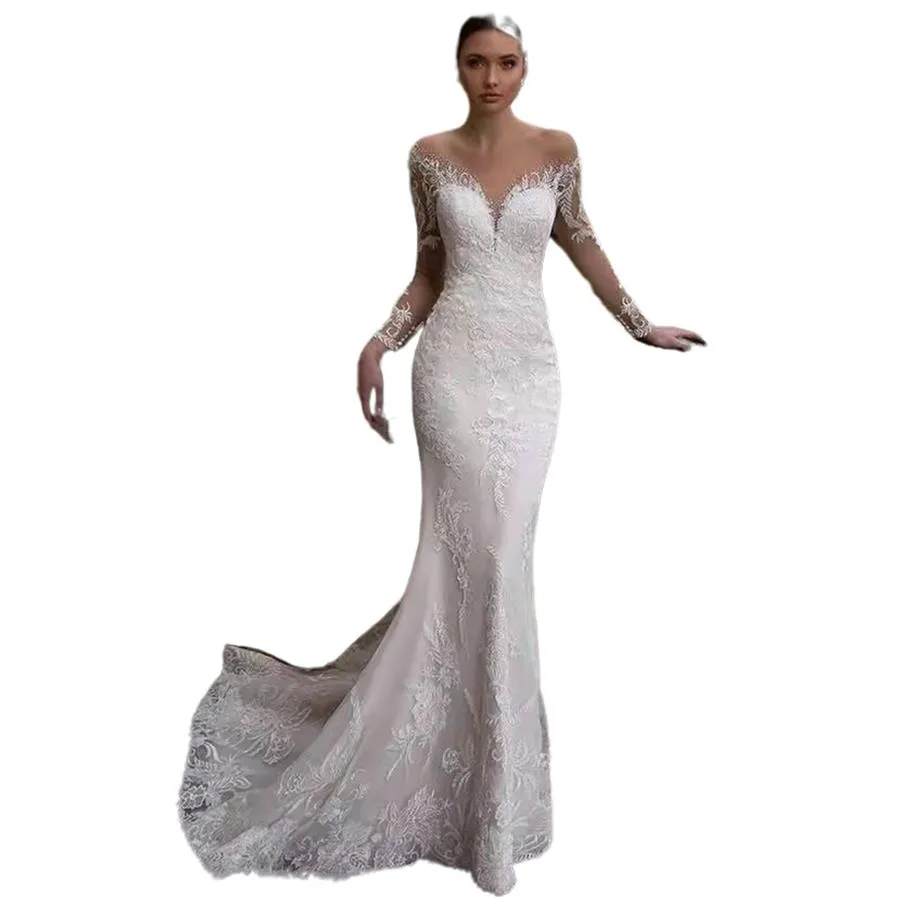 2023 Abiti da sposa a sirena araba di lusso Dubai Cristalli scintillanti in pizzo maniche lunghe Abiti da sposa Corte dei treni Gonna in tulle con paillettes 301L