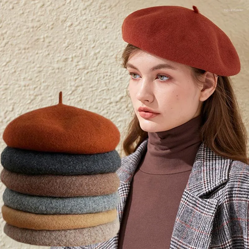 Berets Woolen Solid Hats Women Autumn Winter Thick French Artist Beret Street Painter Hat Girls Female Warm Caps Beanies