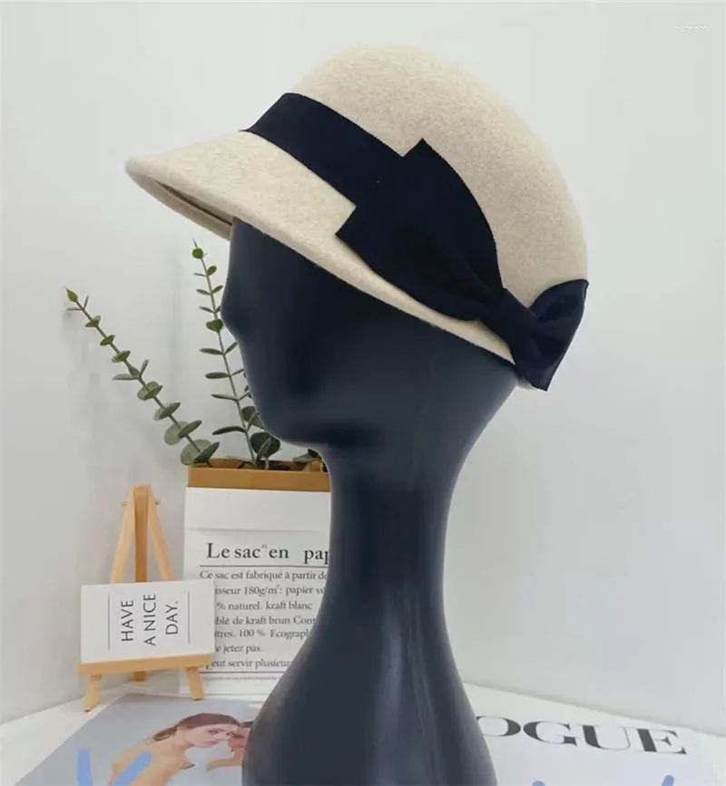 BERETS 202308-XL CHIC INS VINTER JAPAN GRACE SIDE BOWKNOT WOOL FELT Fashion Street Equestrian Hat Men Women Octonal Visirs Cap