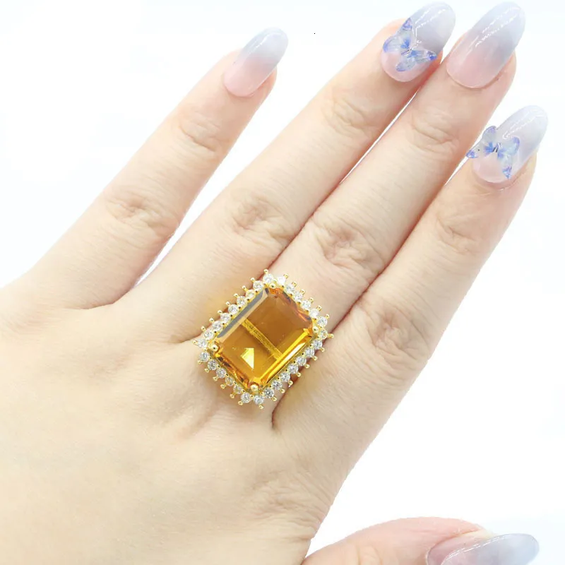 Bröllopsringar 24x19mm Deluxe 7.4G Golden Citrine White CZ Women Engagement Gold Silver Ring 230921