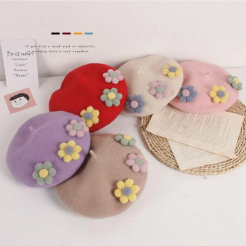 Handmade Cute  Daisy Flowers Wool Felt Berets Gift Colorful Sweetie Women Beanie Hat
