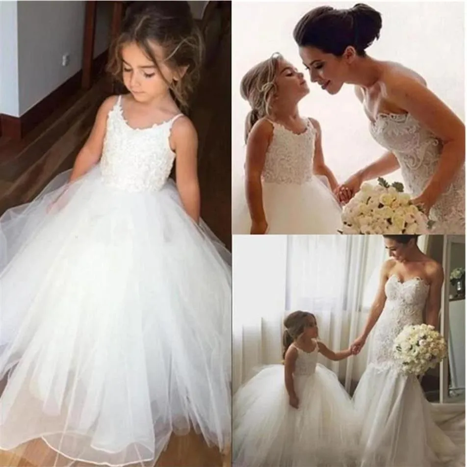 Puffy Flower Girl Dresses For Kids Prom Paty Cute Spaghetti Straps Wedding Ball Gown White Tulle First Communions Dress277K