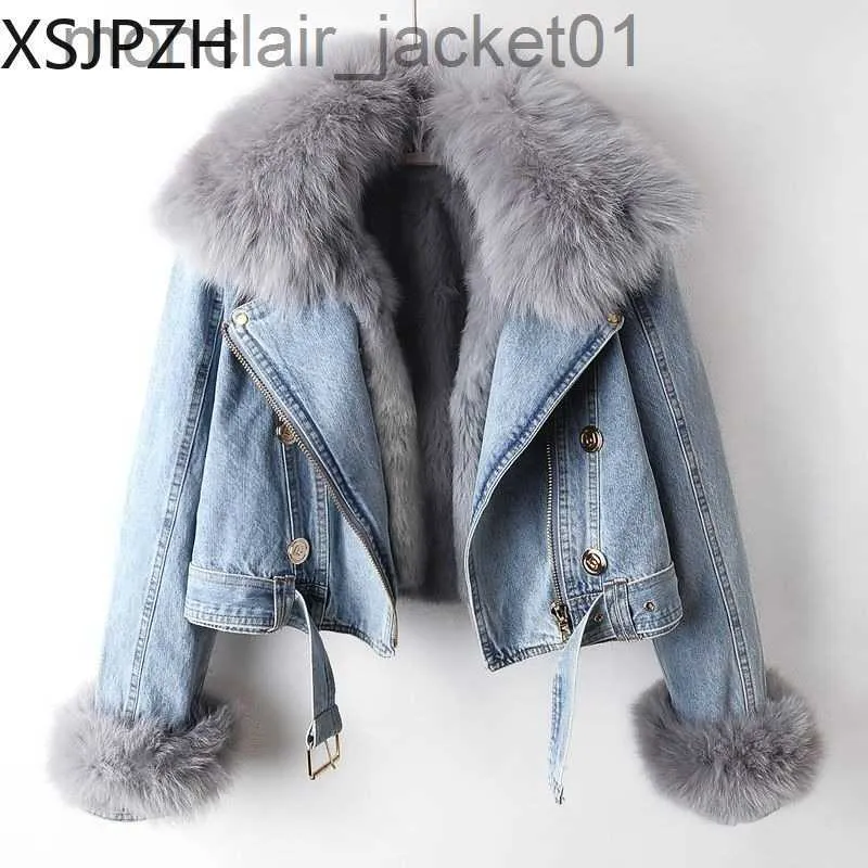 Women's Fur Faux Fur 2023 Neue Frauen Fuchs Pelz Kragen Jean Mantel Winter Jacke Weibliche Kurze Warme Parkas Kaninchen Haar Futter Outwear Mode Dicken Mantel J230921