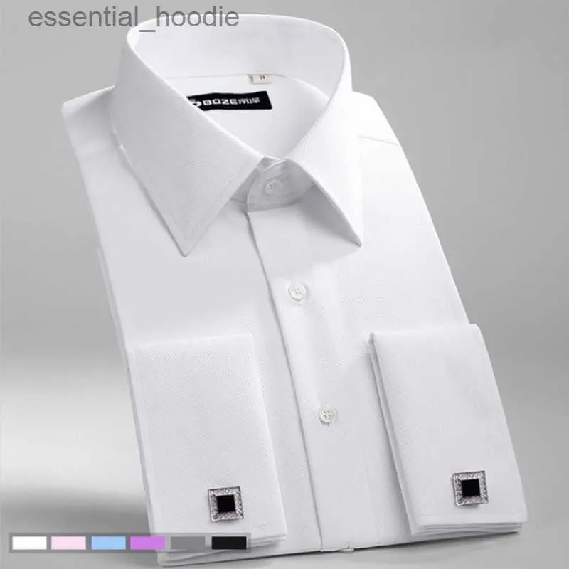 Men's Dress Shirts Autumn and Winter Men's Luxury Wrinkle resistant Slim fitting Solid Stripe Comfort New French Cufflinks Non Shirt Nail L230921