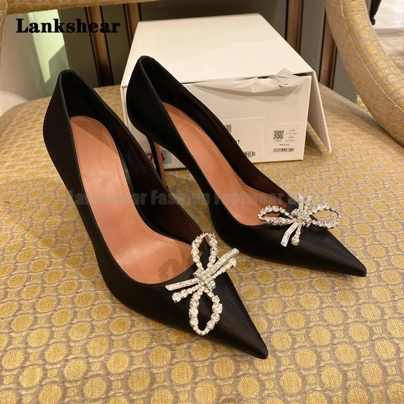 Dress Shoes Satin Bowknot Rhinestone High Heels Wedding Summer Shallow Mouth Single Pointed Toe Stiletto Silk Banquet