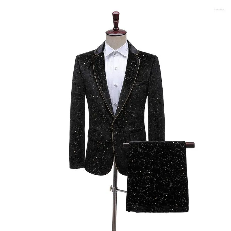 Men's Suits ( Jacket Pants) Fashion Luxury Velvet Suit Black / Blue Embossed Gold Edge Dress Men Business Wedding Party Blazer Trousers