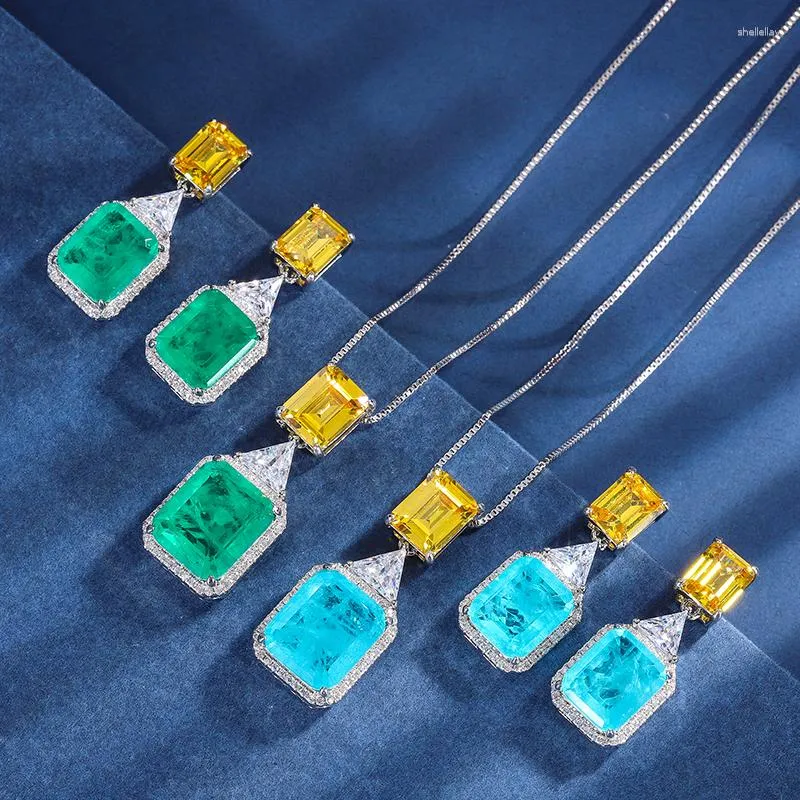 Necklace Earrings Set EYIKA Luxury Yellow Crystal Square Paraiba Tourmaline Pendant Drop Green Blue Fusion Women Banquet Jewelry